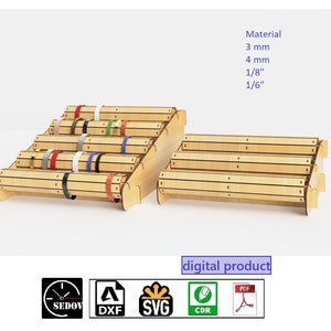 May include: Digital download of a wooden bracelet display stand. The stand is made of 3 mm, 4 mm, 1/8 inch, and 1/6 inch thick wood. The stand has five levels and is designed to hold bracelets. The stand is shown with a variety of colorful bracelets.