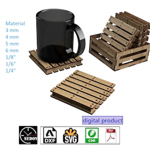 Portabicchieri in scatola, set di modelli tagliati al laser Costers, file digitali fai da te per pallet di piccole dimensioni, file digitali in formato svg cdr pdf dxf