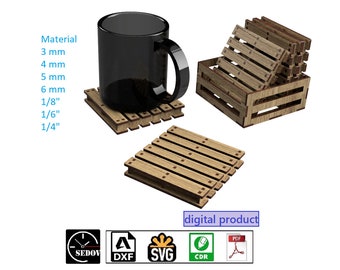 Porta-copos em caixa Conjunto de modelos de corte a laser Costers DIY pequenos arquivos digitais de paletes svg cdr pdf dxf