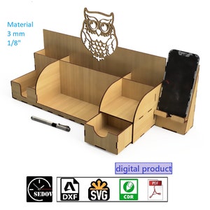 Organizador escolar cortado a laser para lápis, canetas e muito mais com padrão de coruja e suporte para celular Svg cdr pdf dxf Organizador de escritório