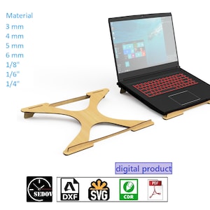 Puede incluir: Descarga digital de un diseño de soporte para portátil. El soporte está hecho de madera y tiene un diseño simple y moderno. El diseño está disponible en formatos DXF, SVG y CDR.