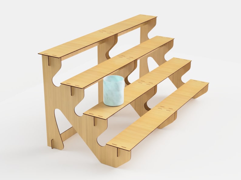 May include: A wooden, tiered display stand with four levels. The stand is made of light-colored wood and has a unique, open design. A light blue, marble-patterned tumbler sits on the second level. Perfect for displaying items.