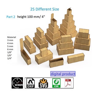 Caja cortada a láser, solución de embalaje y almacenamiento, altura 100 mm, 25 tamaños diferentes, archivos digitales DIY, SVG, CDR, PDF, DXF