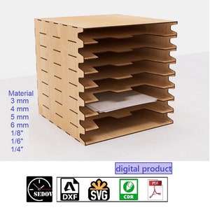 Caja cortada a láser para papeles o documentos, organizador de oficina, almacenamiento de vinilo, estanterías para álbumes de recortes, archivos digitales SVG, CDR, PDF, DXF