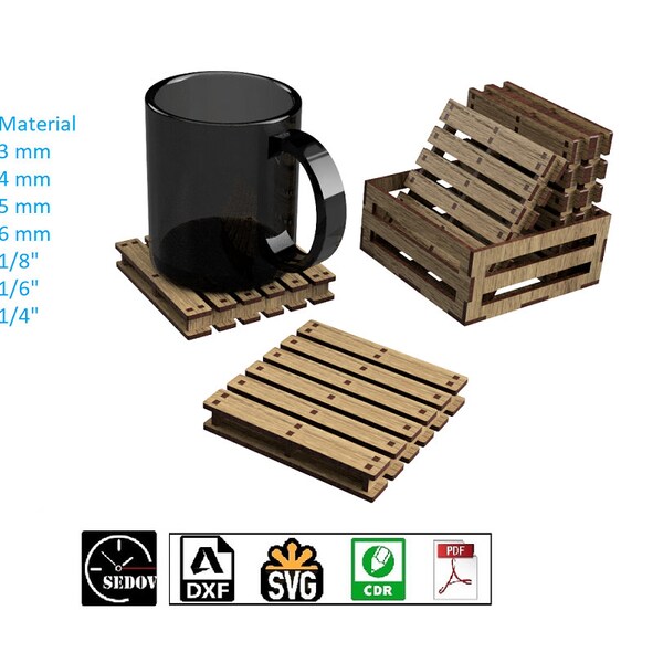 Cup Holders in Box Laser Cut Template Set Costers DIY small pallet digital files svg cdr pdf dxf