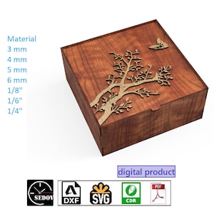 Scatola tagliata al laser con coperchio incernierato e disegno di un ramo di albero, ideale per regali e conservazione, ricordi, file fai da te, cdr, cdr, pdf, dxf, cofanetto in legno con coperchio