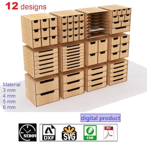 Set di 12 scatole con cassetti tagliate al laser, organizer con piccoli scomparti, contenitori portaoggetti in IKEA KALAX, file digitali in formato svg cdr pdf dxf