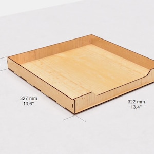 May include: A wooden tray with a 13.6 inch by 13.4 inch base and 1.5 inch sides. The tray is made of light wood with a natural finish.
