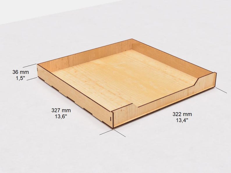 May include: A wooden tray with a 13.6 inch by 13.4 inch base and 1.5 inch sides. The tray is made of light wood with a natural finish.