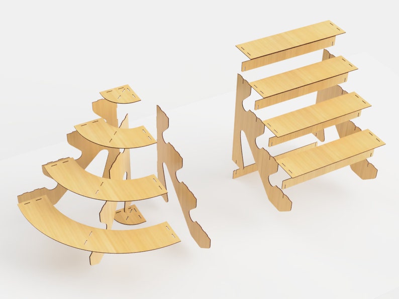 May include: Two unfinished wooden display stands. One is a tiered, curved design, and the other is a stepped, rectangular design. Both are made of light-colored wood and are unassembled, with slots for easy construction. Ideal for showcasing small items.