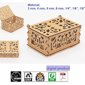 May include: A laser-cut wooden box with an openwork design. The box is shown in three views: closed, open, and a side view. The material is listed as 3 mm, 4 mm, 5 mm, 6 mm, 1/4", 1/6", and 1/8". The words "digital product" are also visible.