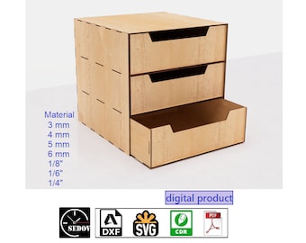Laser cut Storage Box with 3 drawers, Tool Chest, DIY, Desk organizer digital files svg cdr pdf dxf