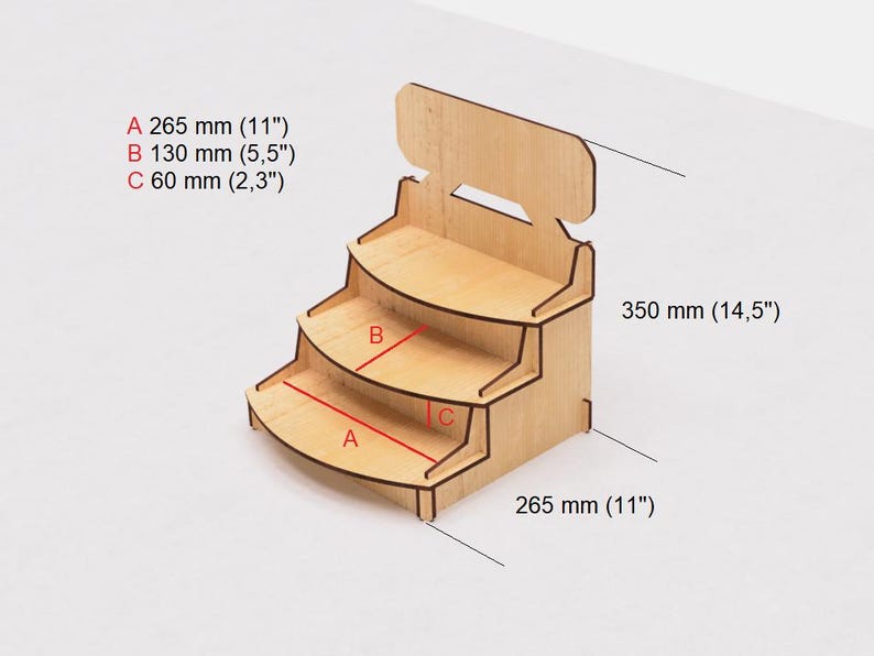 May include: A wooden display stand with three shelves. The shelves are curved and the stand is 14.5 inches tall and 11 inches wide. The stand is made of natural wood and has a light brown color.
