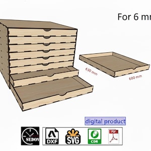 Lasergesneden houten opbergdoos met lades, lade-organizer voor platte items, multiplex 6 mm, doe-het-zelf, instant downloadbestanden svg cdr pdf dxf