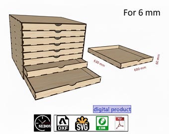 Laser Cut Wooden Storage Box with Drawers, Drawer Organizer for Flat Items, plywood 6 mm, DIY, instant download files svg cdr pdf dxf