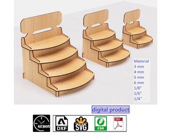 May include: A digital download of a 3-tiered display stand design for laser cutting. The stand is made of wood and has a rounded front edge. The design is available in multiple file formats, including DXF, SVG, and CDR.