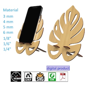 Soporte para teléfono cortado con láser, Figura de madera de hoja de monstera, Soporte para teléfono móvil DIY, Archivos digitales svg, cdr, pdf, dxf