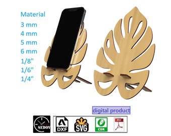 Soporte para teléfono cortado con láser, Figura de madera de hoja de monstera, Soporte para teléfono móvil DIY, Archivos digitales svg, cdr, pdf, dxf