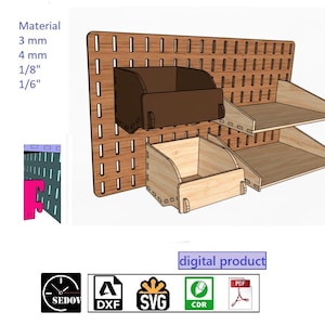 工具、おもちゃ、植木鉢、その他のアイテムを収納するための棚付きレーザーカット壁掛けオーガナイザー、3 mmおよび4 mmのデジタルファイル（SVG、CDR、PDF、DXF）