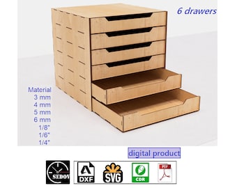 Laser cut Box with 6 drawers, Handmade Organizer, DIY, Desk chest, Hobby box, digital files svg cdr pdf dxf