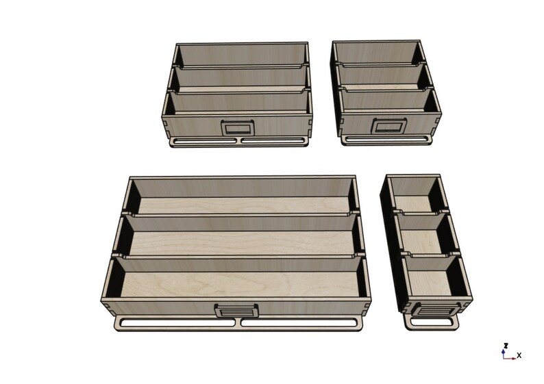 May include: Four wooden storage boxes with three compartments each. The boxes have a light wood finish and are designed to hold small items.