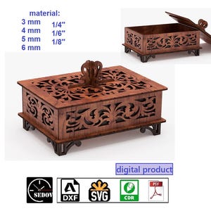 May include: A wooden box with an openwork design, featuring a lid and decorative feet. The box is a rich brown color and has intricate floral patterns carved into the sides and top. The text "digital product" is visible.