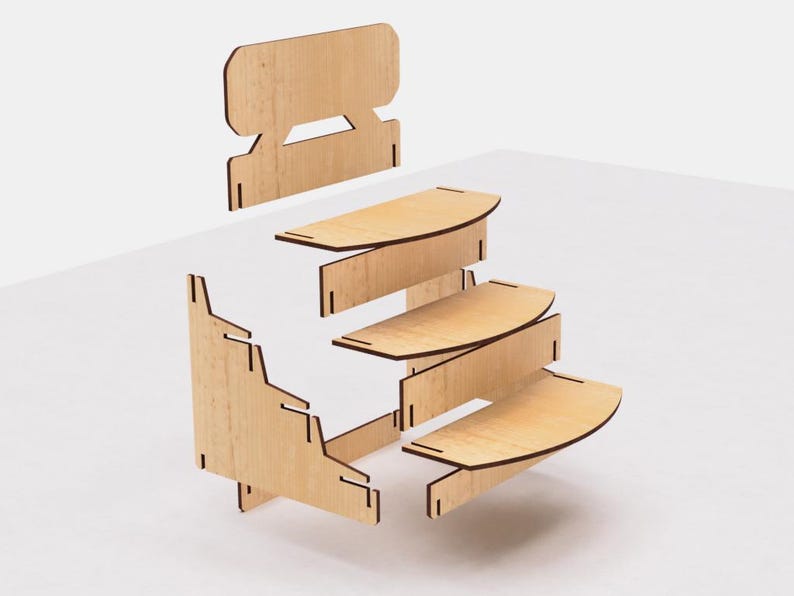 May include: A wooden display stand with four shelves, each with a curved front edge. The stand is assembled from five separate pieces, including a back panel.