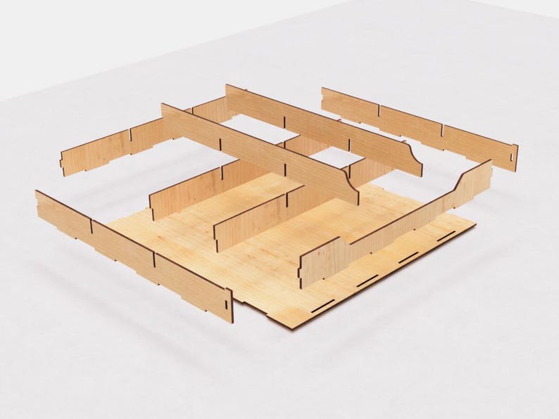 May include: A set of wooden dividers for organizing a board game. The dividers are made of light brown wood and are arranged in a grid pattern. The dividers are designed to fit together to create a custom storage solution for board games.