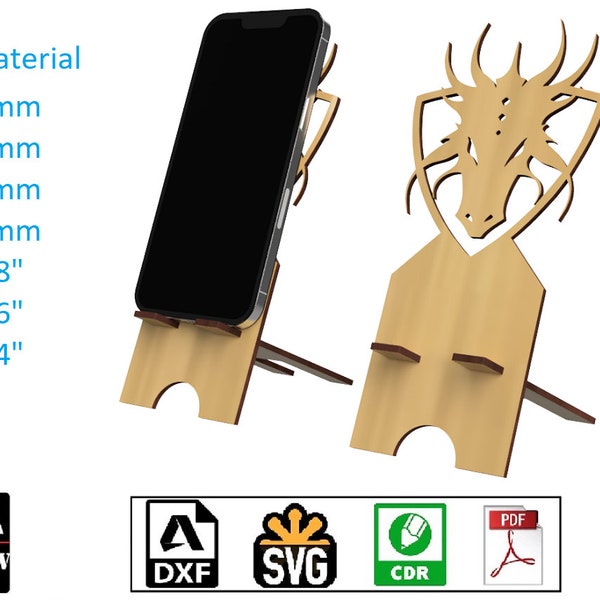 Laser Cut Phone Stand Dragon Head -  Original Cellphone Holder - Foldable Mobile Accessory DIY digital files svg cdr pdf dxf