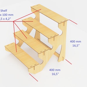 May include: A wooden display shelf with four tiers. The shelf is 16.5 inches wide and 16.5 inches tall. The top shelf is 4.2 inches deep. The shelf is made of light-colored wood and has a simple, geometric design.