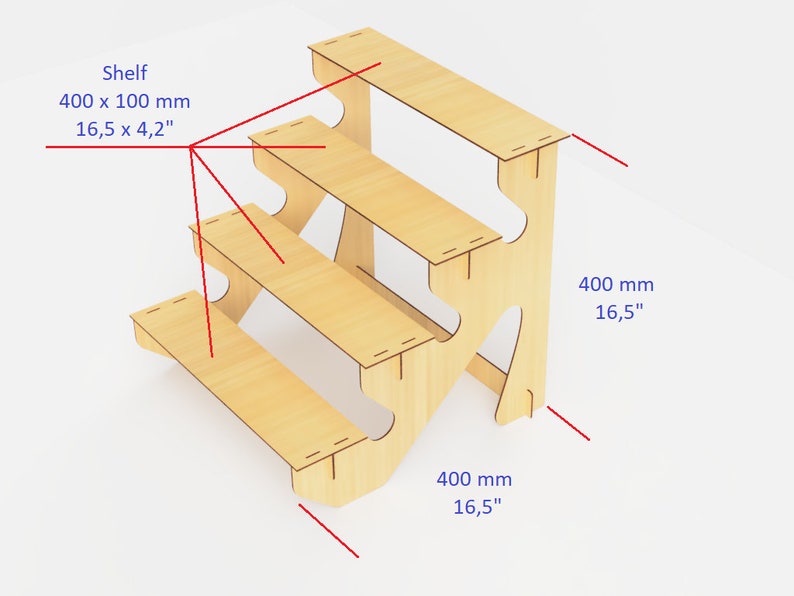 May include: A wooden display shelf with four tiers. The shelf is 16.5 inches wide and 16.5 inches tall. The top shelf is 4.2 inches deep. The shelf is made of light-colored wood and has a simple, geometric design.