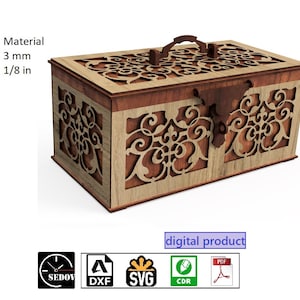 Cassapanca in legno rustico tagliato al laser con coperchio incernierato bloccabile - Ricordi e tesori - bellissima scatola di immagazzinaggio 3 mm file fai da te in formato svg cdr pdf dxf