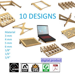 Zestaw 10 szablonów podstawek pod laptopa wycinanych laserowo, różne wzory, regulowane, składane i wentylowane! - Pliki cyfrowe DIY, svg, cdr, pdf, dxf