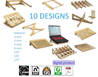 Juego de 10 plantillas de soporte para portátil cortadas con láser. ¡Diseños ajustables, plegables y ventilados! - Archivos digitales DIY (svg, cdr, pdf, dxf)