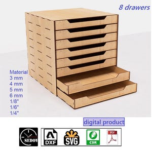 Lasergesneden bureau-organizer voor 8 lades, lades, tafeldressoir, hobbybox, archiefkast, documentladen, digitale bestanden svg cdr pdf dxf