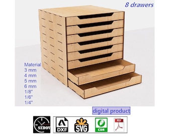 Laser Cut Desk Organizer for 8 Drawer, Drawer Box, Table Dresser, Hobby Box, Filing Cabinet, Document Drawers, digital files svg cdr pdf dxf