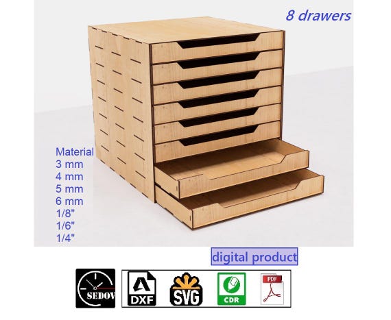 Laser Cut Desk Organizer for 8 Drawer, Drawer Box, Table Dresser, Hobby Box, Filing Cabinet, Document Drawers, digital files svg cdr pdf dxf