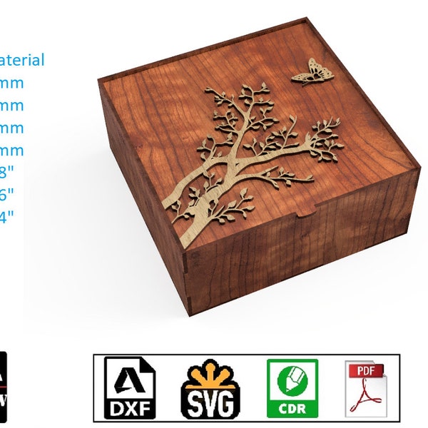 Laser Cut Box with Hinged Lid and Tree Branch Design - Ideal for Gifts and storage Mementos DIY files svg cdr pdf dxf wood casket with lid