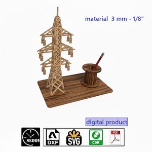 パワートランスミッションタワーデスクオーガナイザー：レーザーカット木製ペンホルダー（デジタルダウンロード）