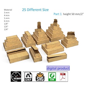 Cajas de almacenamiento o embalajes cortados con láser con tapa abatible de 50 mm de altura, 25 tamaños diferentes, archivos digitales DIY, SVG, CDR, PDF, DXF