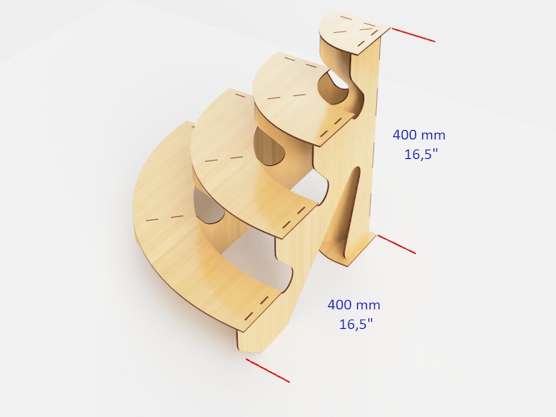 May include: A wooden, three-tiered, curved step stool. The stool is made of light-colored wood and has a unique, open design. Each step is a semi-circle. The height is 16.5 inches (400 mm).