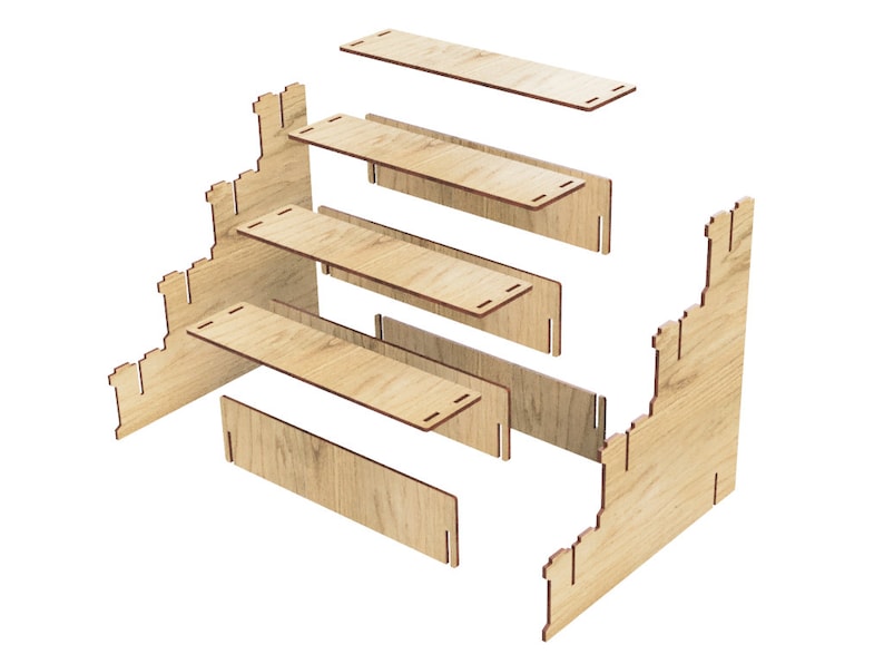 May include: A wooden castle-shaped shelf unit with five shelves. The shelves are disassembled and laid out flat, showing the individual pieces.