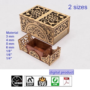 Puede incluir: Dos cajas de madera cortadas con láser con intrincados diseños florales. Una caja está cerrada, la otra está abierta, revelando una caja interior más pequeña. La imagen incluye texto que indica "2 tamaños" y espesores de material en mm y pulgadas.
