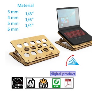 Laserowo wycinana podstawka do laptopa regulowana wysokość nachylenia-duża wentylacja o strukturze plastra miodu-uchwyty do przenoszenia-pliki cyfrowe DIY svg cdr pdf dxf
