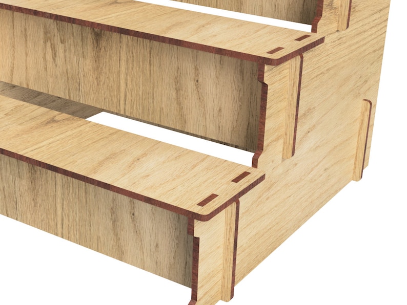 May include: Wooden three-tiered shelf unit with a natural wood finish. The shelf unit is made of plywood and has a simple, modern design.