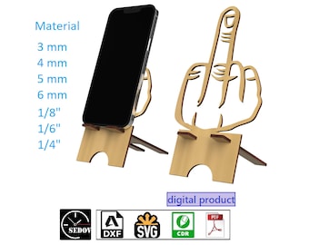 Suporte para telefone com corte a laser, dedo médio, imagem original, suporte para celular, arquivos digitais diy, svg, cdr, pdf, dxf