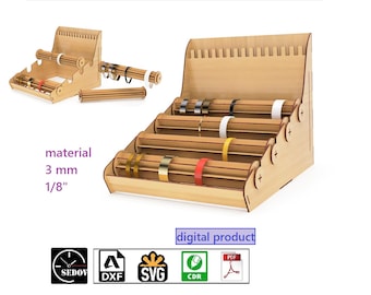 May include: Wooden jewelry display stand with four tiers of rolling storage for bracelets and bangles. The stand is made from 3 mm (1/8 inch) plywood and is a digital product available in DXF, SVG, and CDR formats.