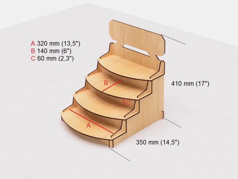 May include: Wooden display stand with four shelves, each with a rounded front edge. The stand is 17 inches tall, 14.5 inches wide, and the shelves are 13.5 inches, 6 inches, and 2.3 inches deep.