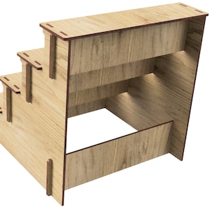 May include: Wooden pet stairs with four steps. The stairs are made of light brown wood and have a natural wood finish.