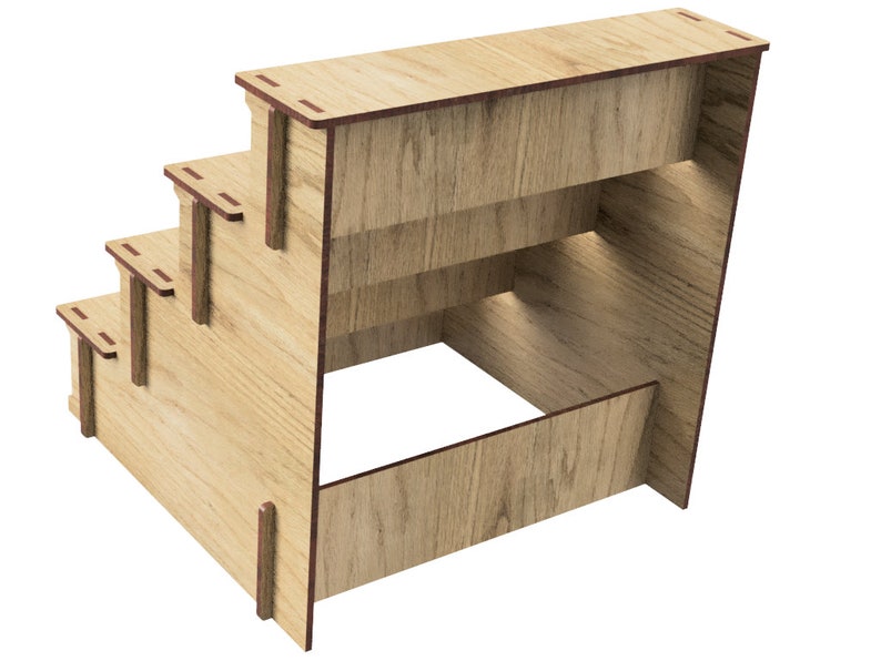 May include: Wooden pet stairs with four steps. The stairs are made of light brown wood and have a natural wood finish.